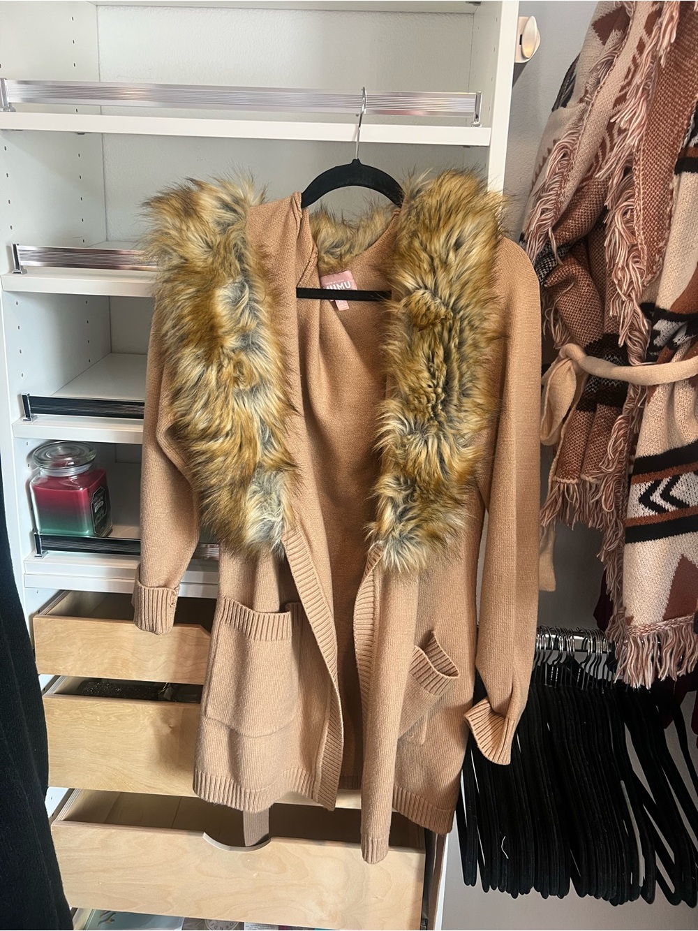 Show Me Your MuMu Camel Faux-Fur Trim Hooded Cardigan